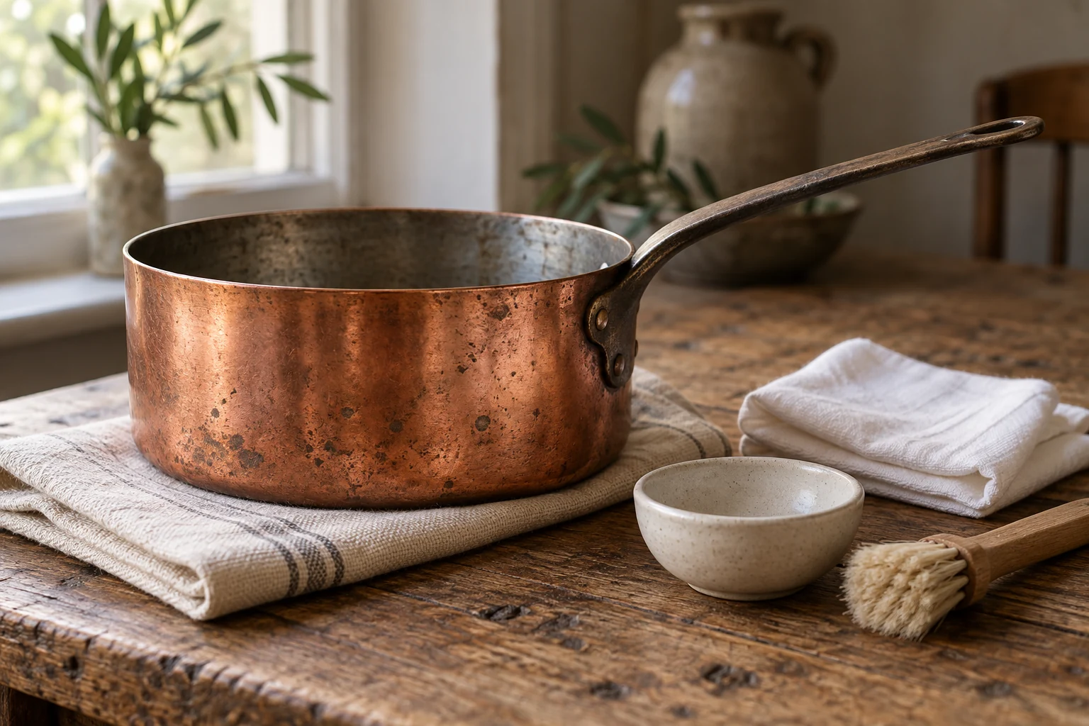 AI illustration of a copper saucepan with folded cotton cloth and a soft brush at rest