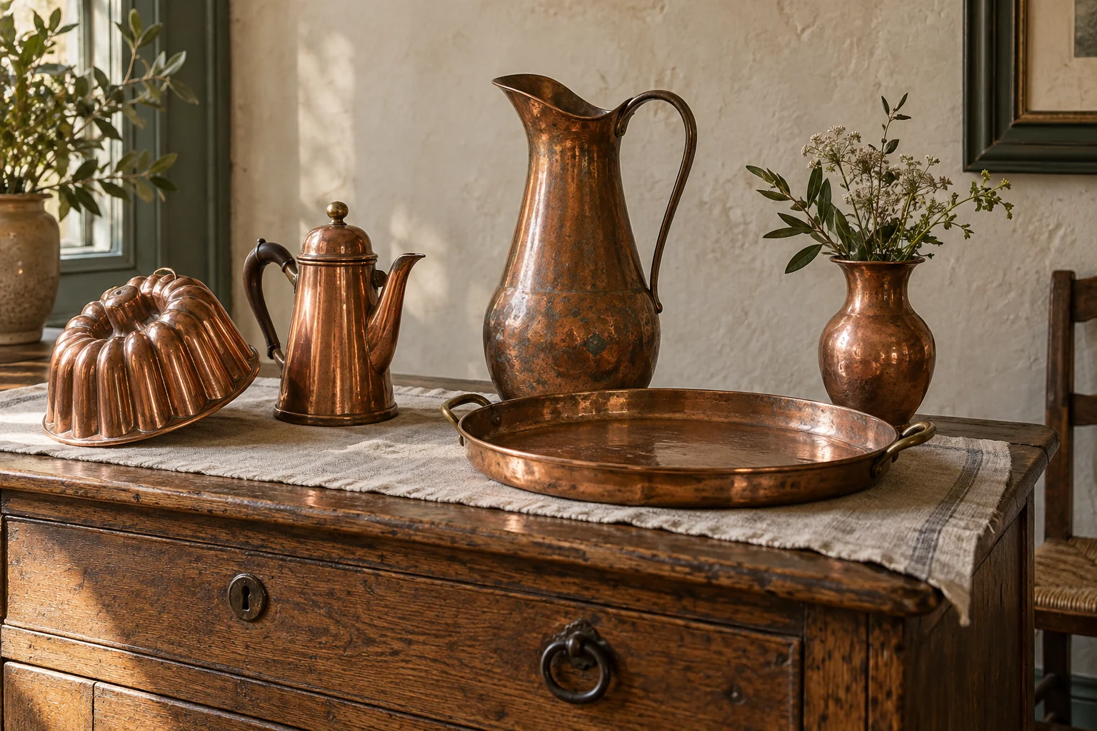AI illustration of a copper mould, coffee pot, pitcher, tray and vase on an oak dresser