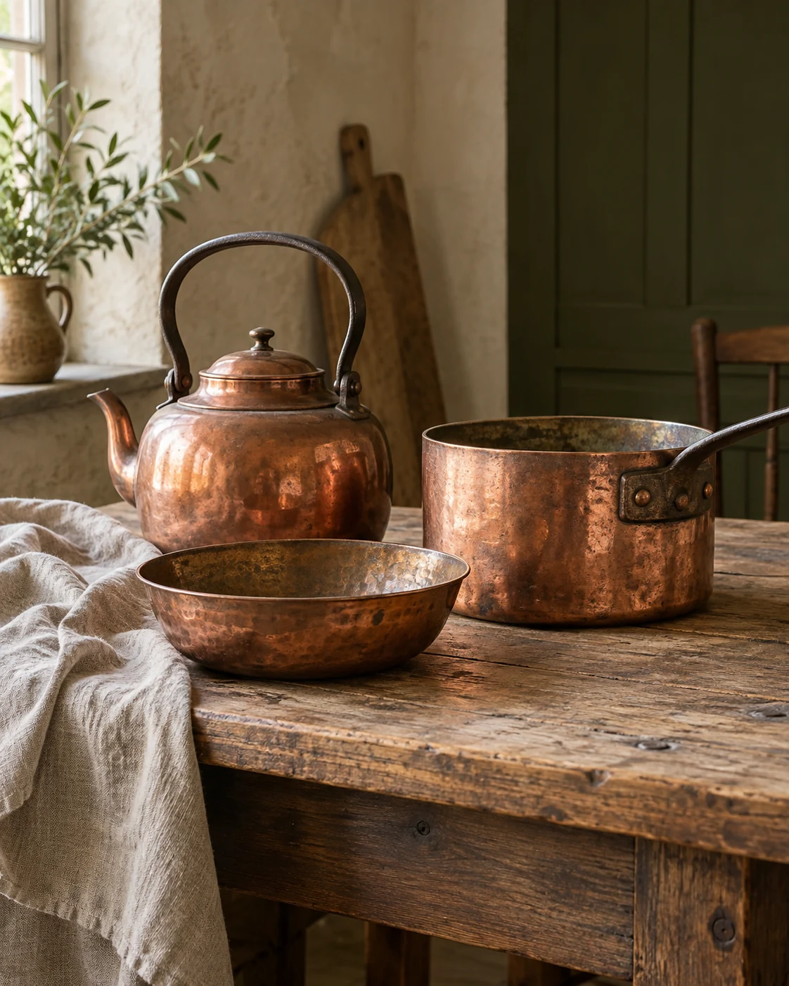AI illustration of a copper kettle, saucepan and bowl on an oak table in a country kitchen